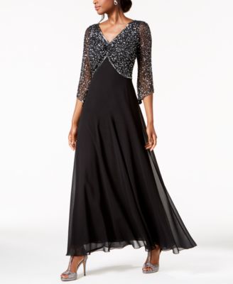 J Kara Embellished 3/4-Sleeve Gown ...